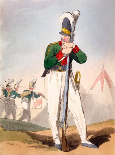 俄罗斯士兵，詹姆斯·沃克的“俄罗斯人的举止，风俗和娱乐”插图，1803-4发表（aquatint蚀刻） 作者 John Augustus Atkinson